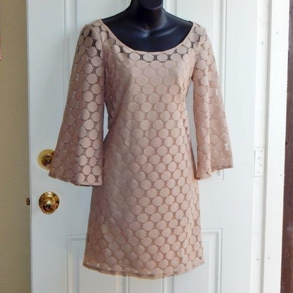 MUSE Nuetral Tan Polkadots Lace Bell Sleeves Mini Dress Retro - Picture 1 of 5